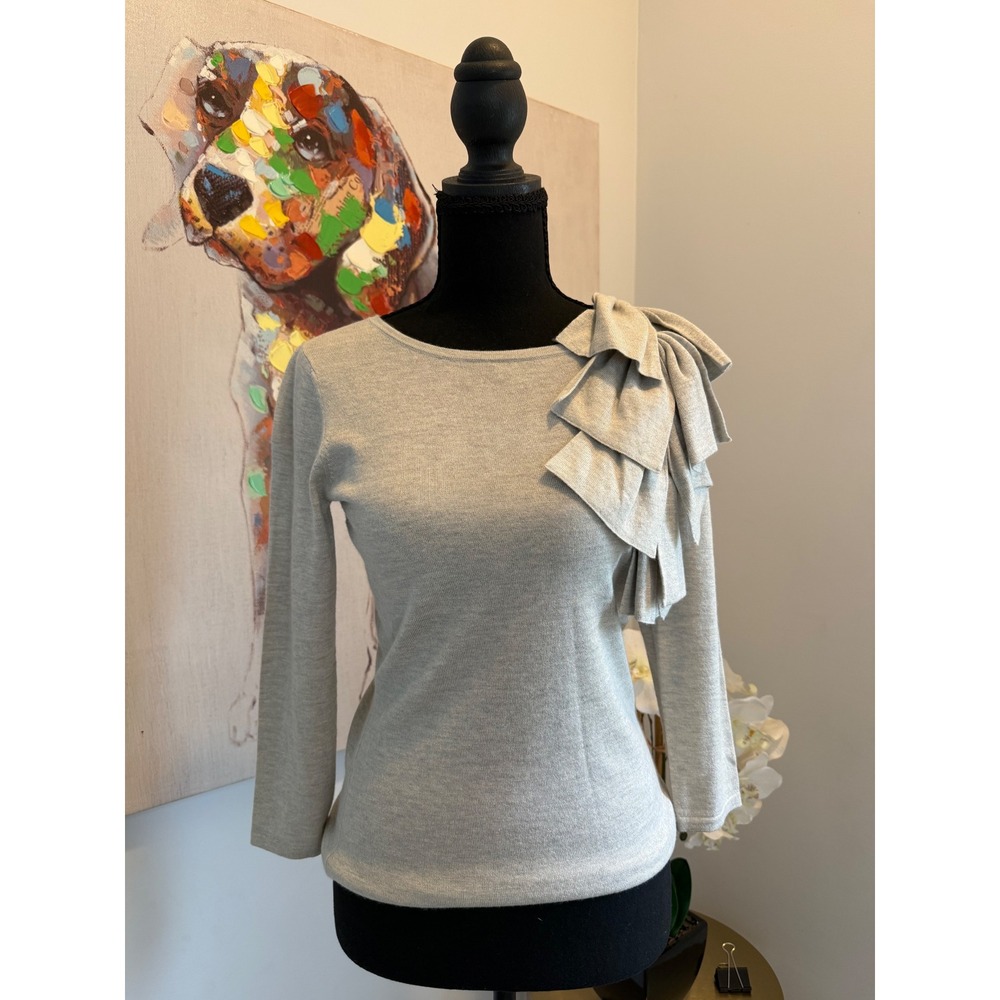 Saks Fifth Avenue Silk Cashmere Ruffle Shoulder Sweater Light Grey S